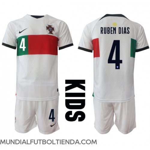 Camiseta Portugal Ruben Dias #4 Segunda Equipación Replica Mundial 2022 para niños mangas cortas (+ Pantalones cortos)